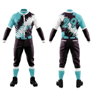 custom baseball sublimation uniform black and light blue colors white background