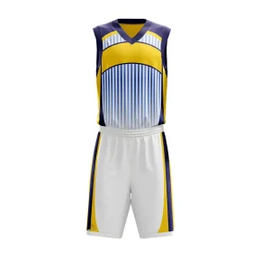 white blue and yellow panels basketball custom uniform sublimation printing mesh fabric white background