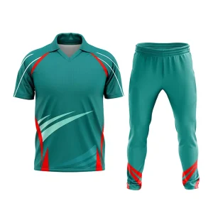 light green custom cricket uniform red panels on sides polyester fabric 180 gsm white background