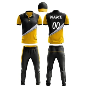 black and yellow custom cricket sublimation uniform interlock 250 gsm fabric white background