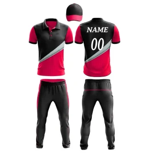 black and red custom sublimation cricket uniform player number and name on back polyester fabric 200 gsm white background