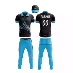 light blue and black custom cricket sublimation uniform player name on back lycra fabric 200 gsm white background