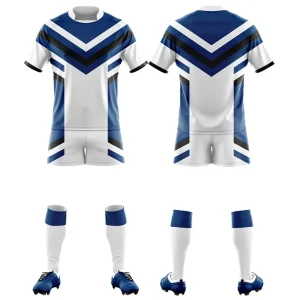 navy blue and white rugby custom uniform sublimation printing polyester fabric white background