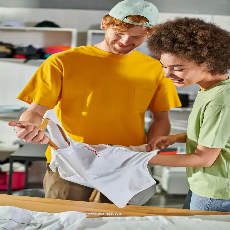 team members at cheez clothing examining a custom white t shirt in their creative workspace
