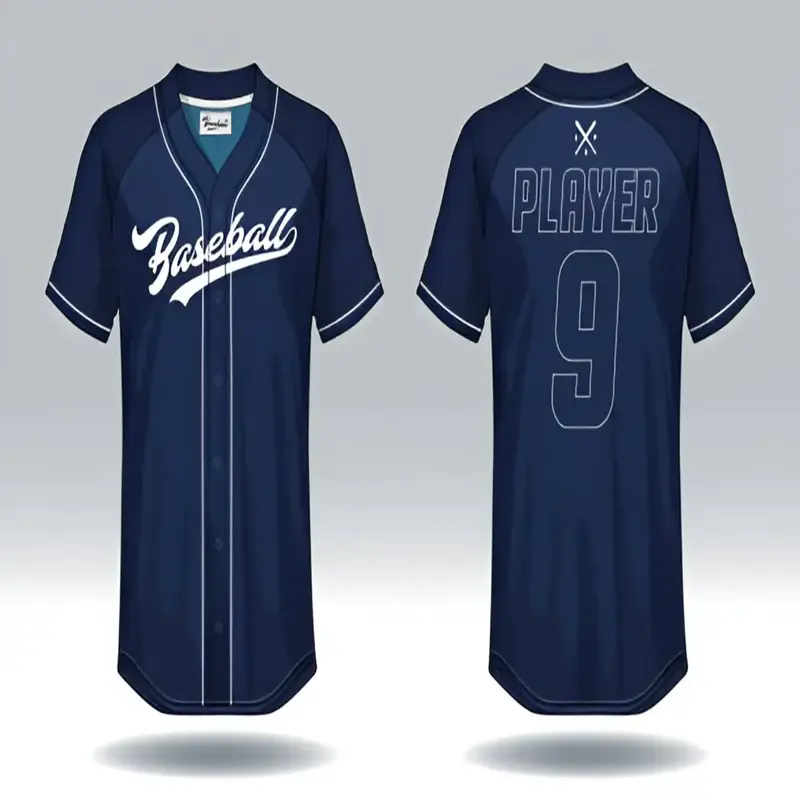 blue baseball uniform white logo on front with white background made by American sportswear manufacturer