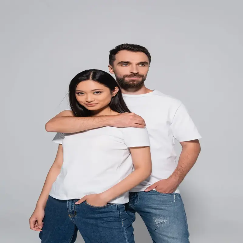 male and female models wearing plain white t shirts for cheez clothing wear collection