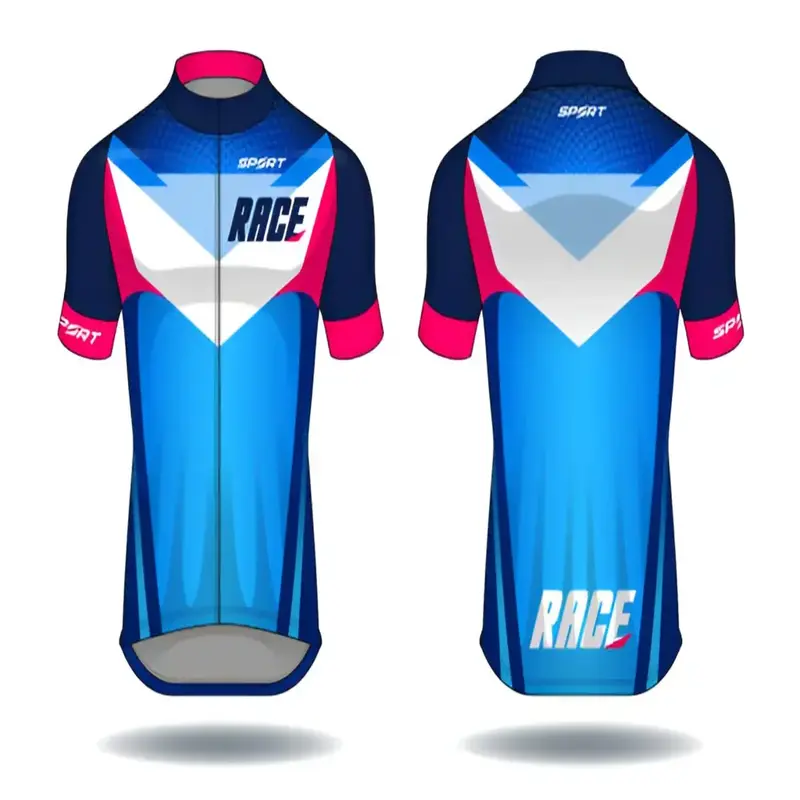 blue and white custom cycling uniform logo on front printing on back with white background designed by sportswear manufacturers near me