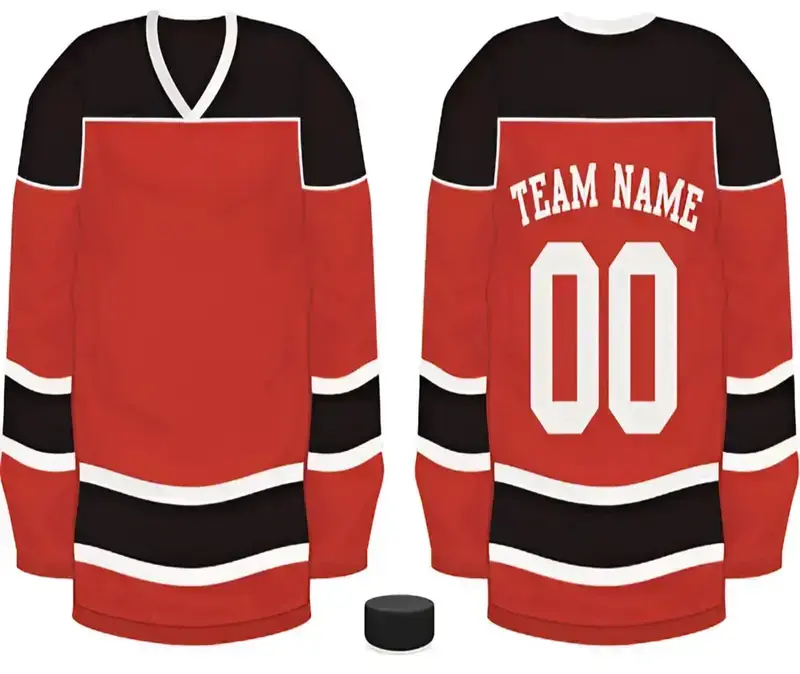 red and black ice hockey jersey with white background designed by ice hockey manufacturers in Pakistan